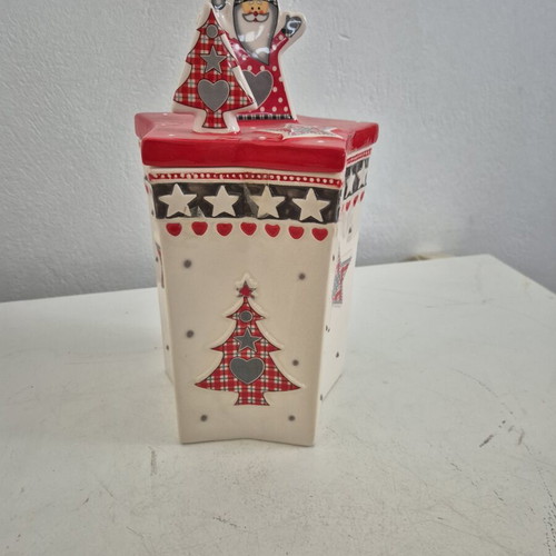 Christmas ceramic container with lid decorated with Santa Claus and trees