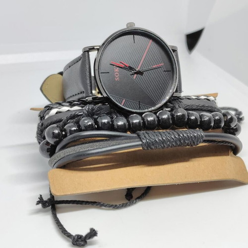 SOKI Men's Watch and 4 Handmade Leather Bracelets Set new