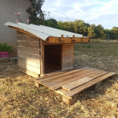 Custom wooden dog house with panel roof and removable veranda