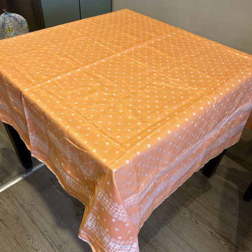Tablecloth new, warm orange with white dots and border, 150x180 cm