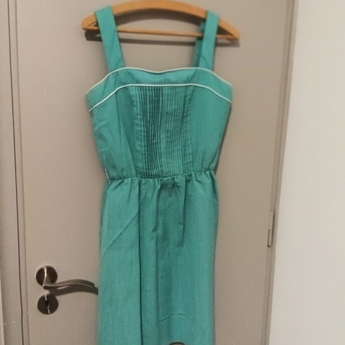 Vintage Teal Midi Dress with Pleats and White Details, Vinyl Art Clothing