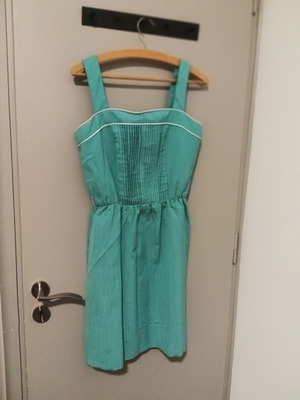 Vintage Teal Midi Dress with Pleats and White Details, Vinyl Art Clothing