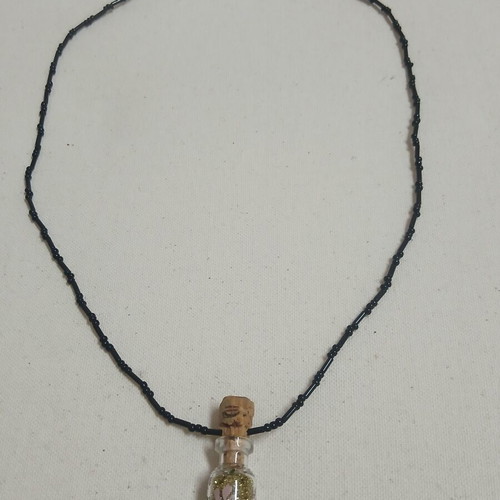 Handmade pendant glass bottle with gold glitter and beaded chain