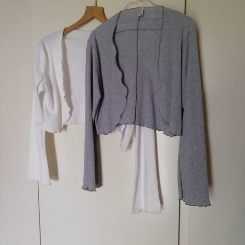 Elegance bolero crop tops, cotton ribbed, white and grey, size L