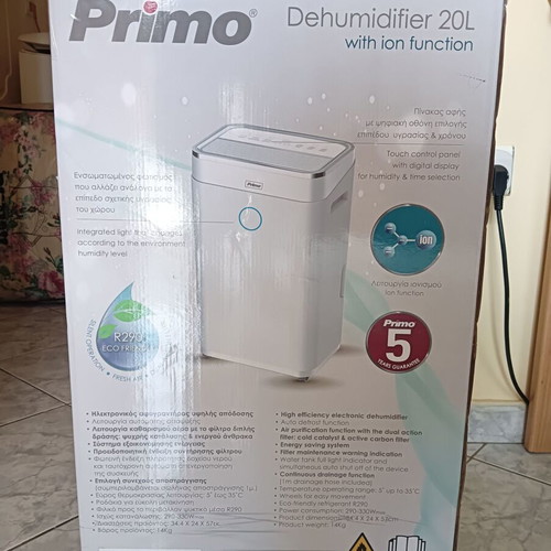 Primo PRDH-45007i 20L dehumidifier new with ionizer and compressor