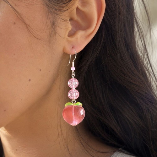 3D Sweet Peach Earrings handmade, pink resin and crackle beads