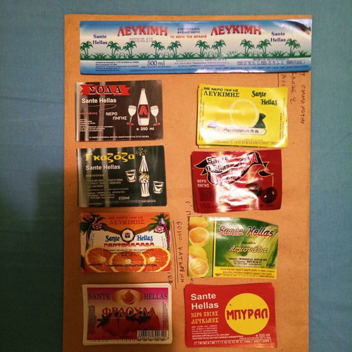 Rare Sante Hellas soft drink labels new
