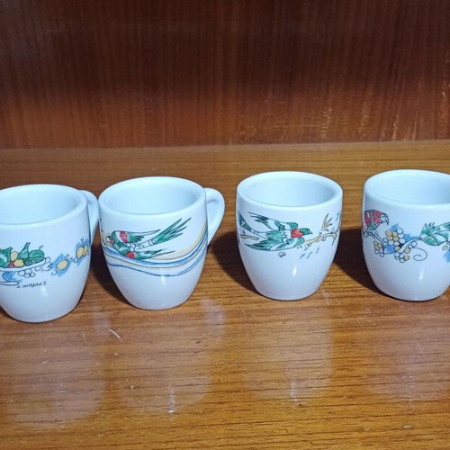 Loumidis Papagalos coffee cups set of 6 with D. Mytaras prints, new