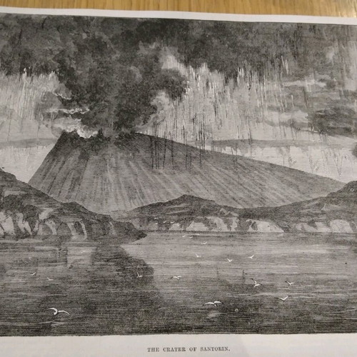 Volcano eruption in Santorini 1870 woodcut used 26x16cm