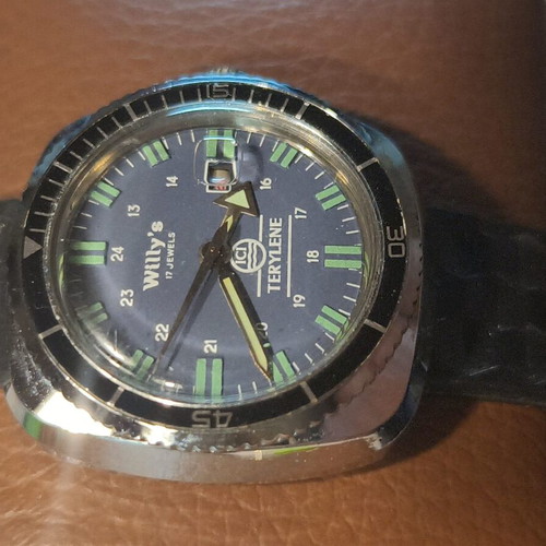Vintage Willy’s Terylene ICI Diver watch, blue dial, 17 jewels
