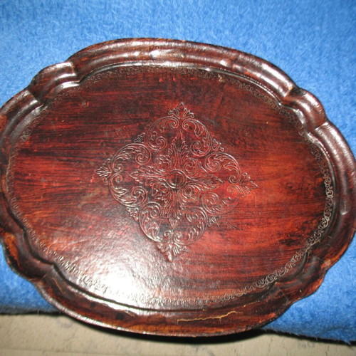 Wooden carved serving tray used with patina