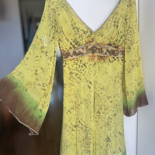 Silk Midi Dress Cinema by Panos Zinas like new, green and yellow