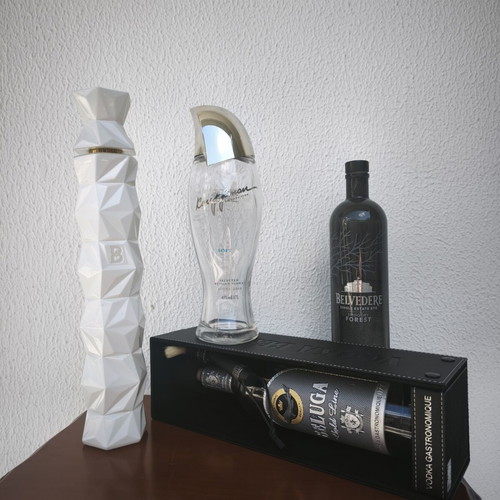 Premium empty vodka bottles set Belvedere 10 Beluga Gold Line Smogóry Forest Kauffman