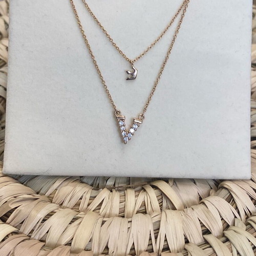 Double delicate necklace with zircon pink gold new, unworn