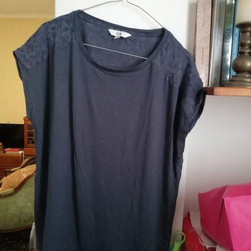 C&A navy blue top with different fabric sleeves and back, medium