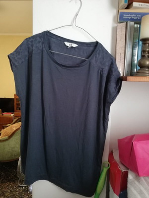 C&A navy blue top with different fabric sleeves and back, medium
