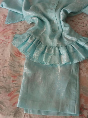 Satin vintage set turquoise embossed skirt and blouse like new