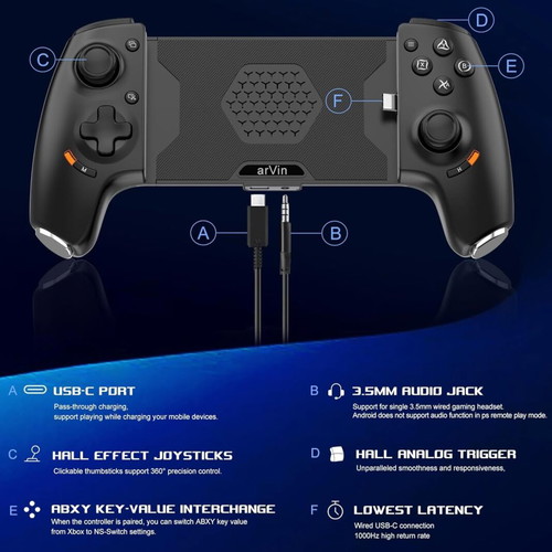 arVin Mobile Gaming Controller USB-C for Android and iPhone