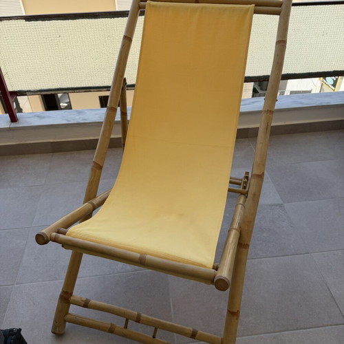 Folding chair sunlounger from natural bamboo with yellow fabric seat, like new