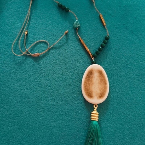 Boho necklace with nephrite pendant and 18K gold-plated tassel