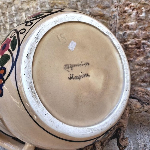 Vintage Handmade Greek Ceramic Vase Pot with Peacock Design, like new