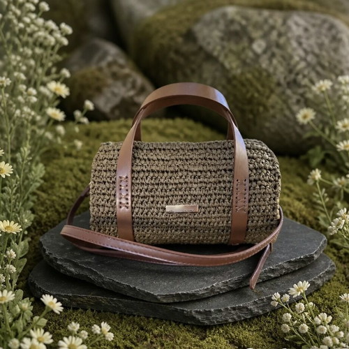 Handmade Raffia Barrel Bag with Tan PU Leather Details, Crossbody