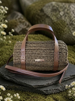 Handmade Raffia Barrel Bag with Tan PU Leather Details, Crossbody