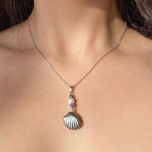 Steel necklace with shell, blue aventurine and pearls, made to order
