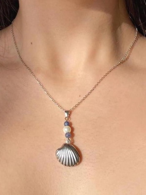 Steel necklace with shell, blue aventurine and pearls, made to order