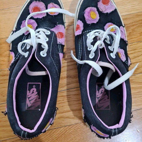 Vans women's sneakers used, black with pink design, size 38.5