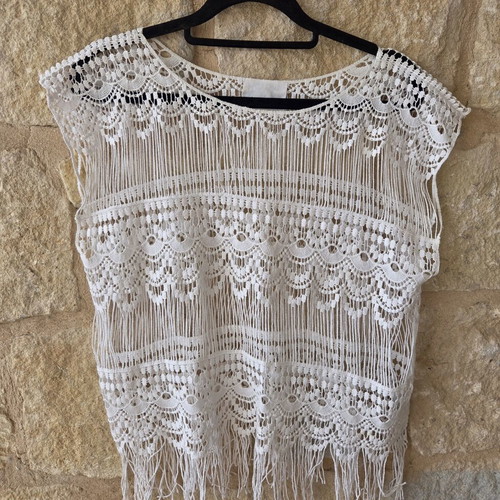 B.young Boho Crochet Lace Fringe Top new, white, size S