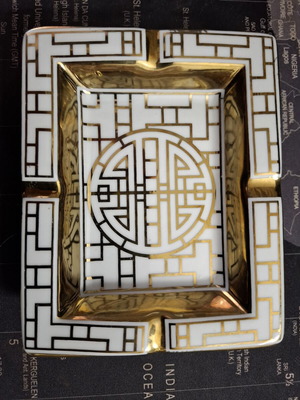 Limoges porcelain ashtray with gold geometric design like new