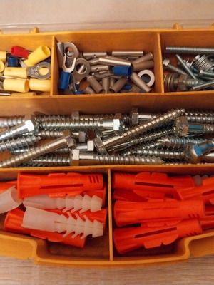 Plastic Organizer Box with Screws, Dowels and Electrical Clips like new
