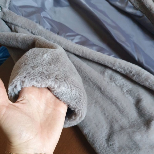 Gray faux fur coat used with soft fur and central button