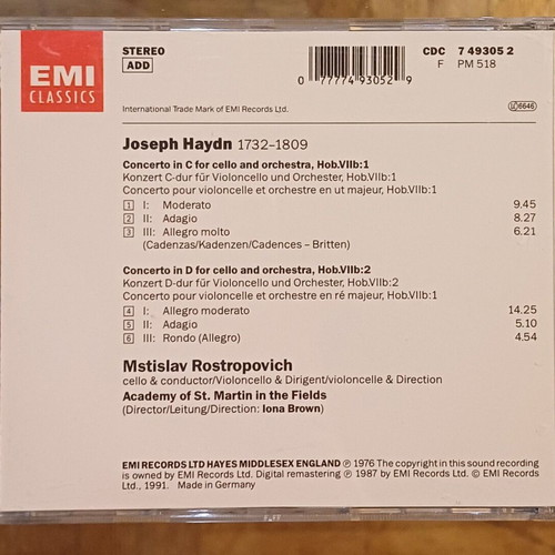 Haydn Cello Concertos CD like new with Mstislav Rostropovich