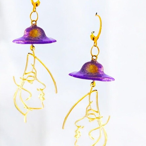 Handmade long dangle earrings with purple hat and gold details
