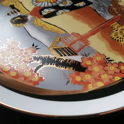 Chokin decorative plate used with geisha and Japanese landscape 26 cm