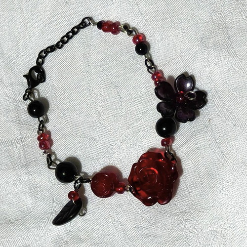 Flower bracelet red and black, handmade beads, gothic romantic style