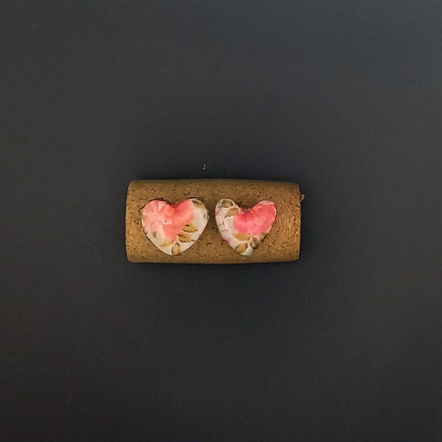Handmade ceramic heart earrings with decoupage and glass coating, new