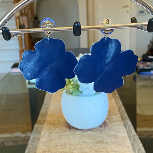 Flower fabric earrings with embroidery and beads new, blue