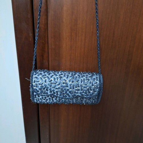 Evening barrel bag with strass like new, sky blue
