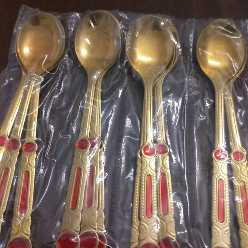Dessert spoons new, pack of 12, gold with red