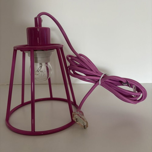 Metal ceiling pendant light in industrial cage style, fuchsia pink