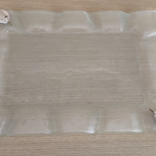 Glass Serving Tray like new, 35x25 cm, wavy design with silver leaves