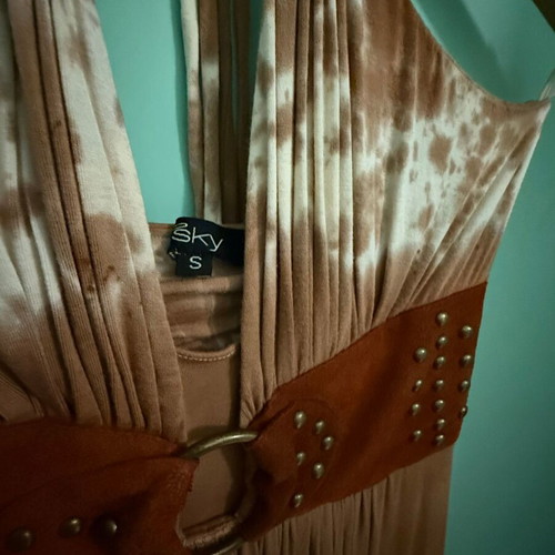 Sky boho maxi cotton dress with tie-dye and leather detail used