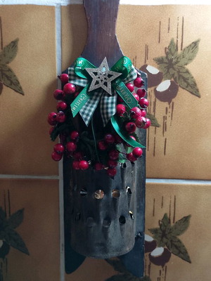 Vintage quince grater refurbished, cottage core Christmas wall decor with lights