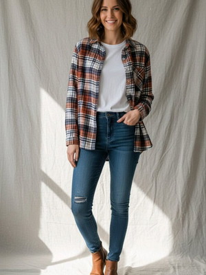 Anel plaid shirt used, warm fabric, brown and orange