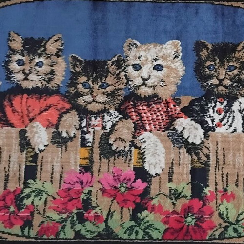 Vintage tapestry rug 'Kittens on the Fence' velvet wall hanging