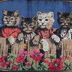 Vintage tapestry rug 'Kittens on the Fence' velvet wall hanging