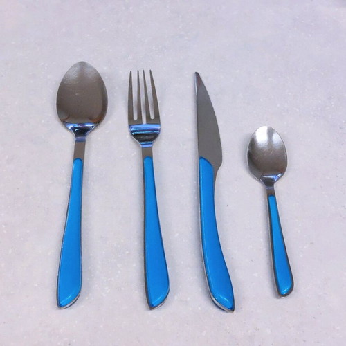 Inox cutlery set with blue handles, new